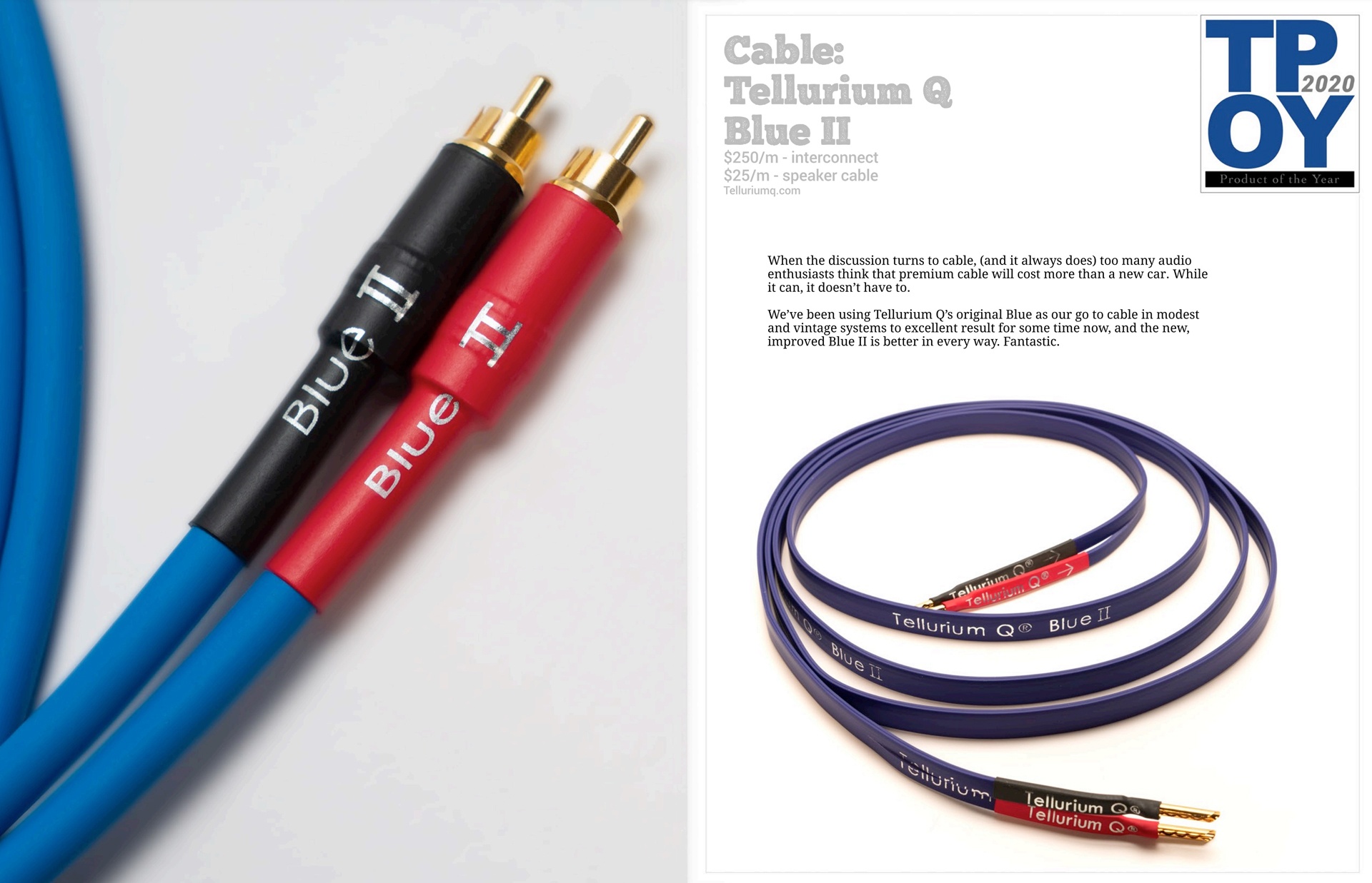 Blue II Kabel von Tellurium Q ist Product of the Year 2020 bei Tone Audio